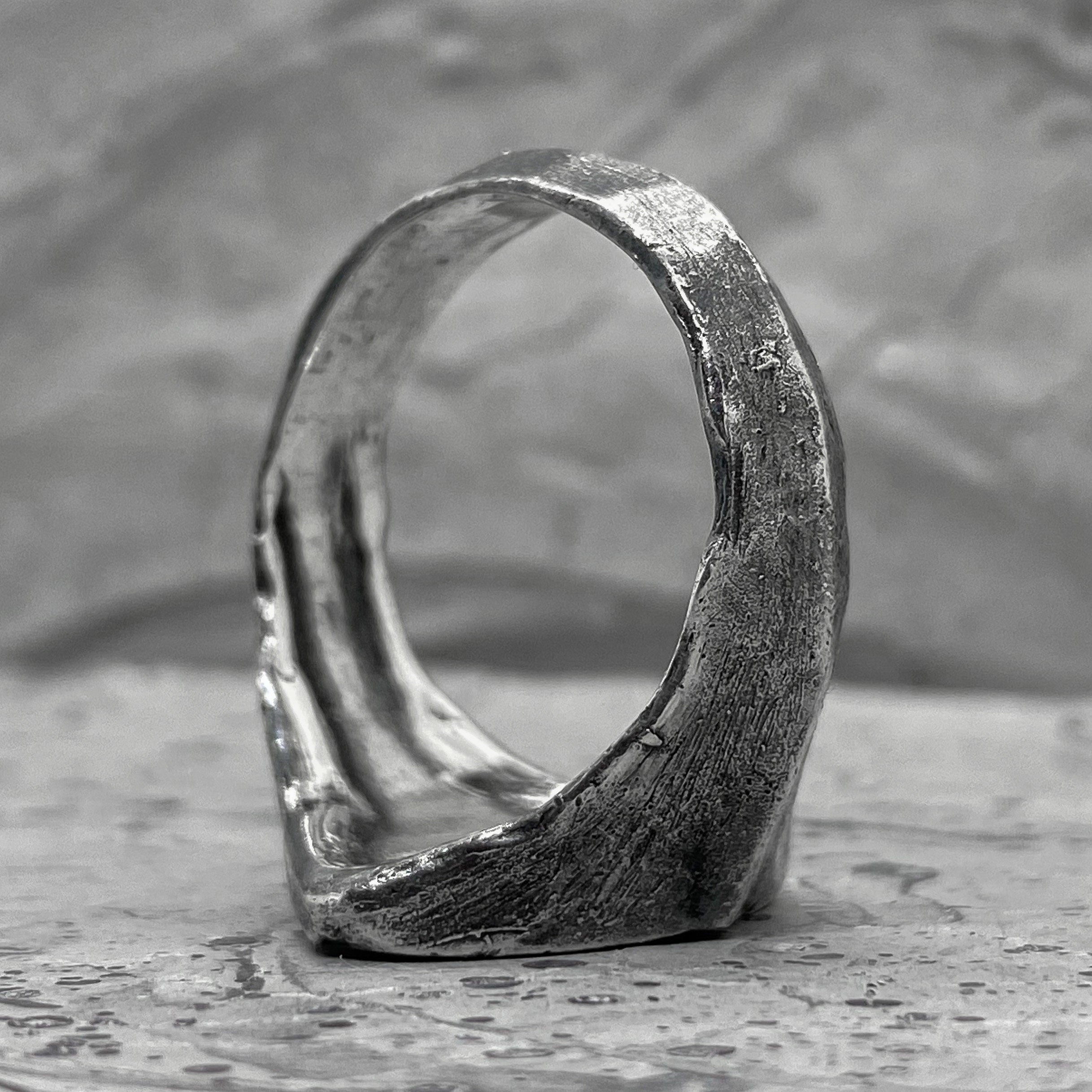 Millennium ring- asymmetrical signet ring with soft scratched silver texture