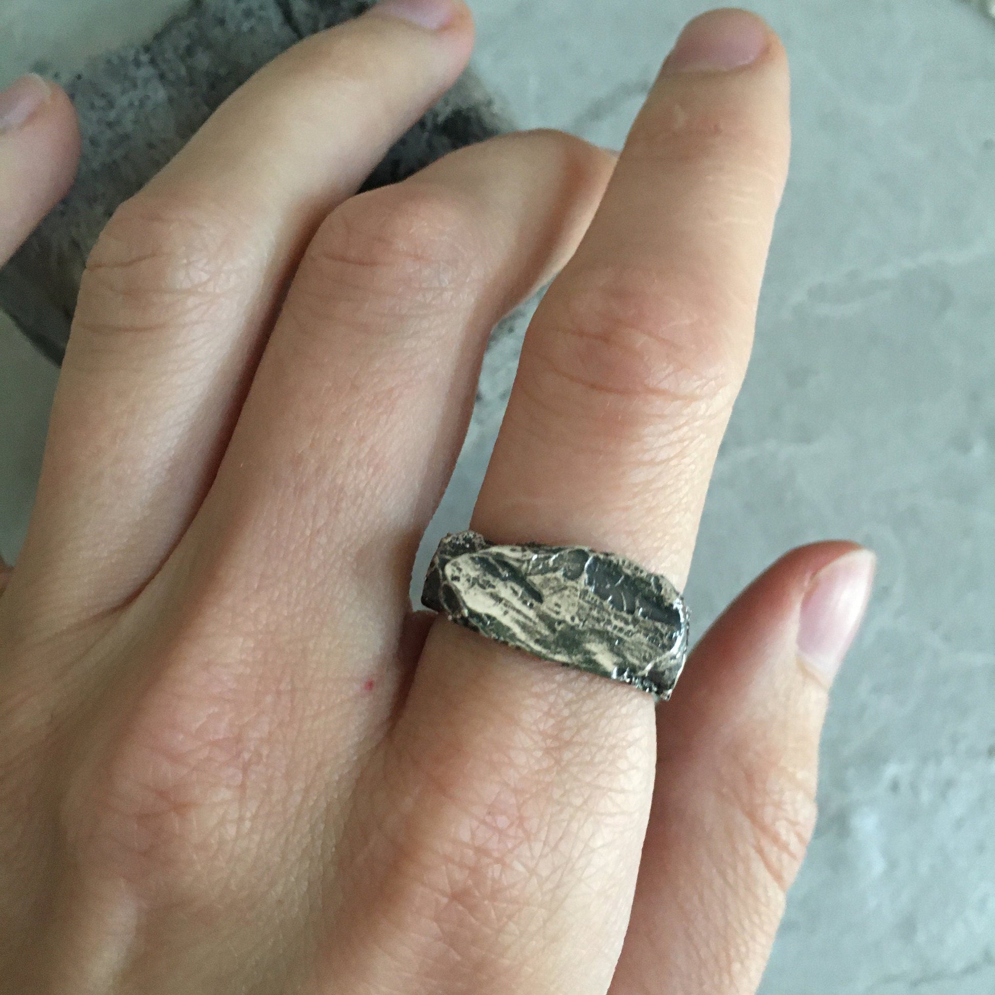 Ocean ring- horizontal signet ring with an unusual texture of stone and molten metal Signet rings Project50g 