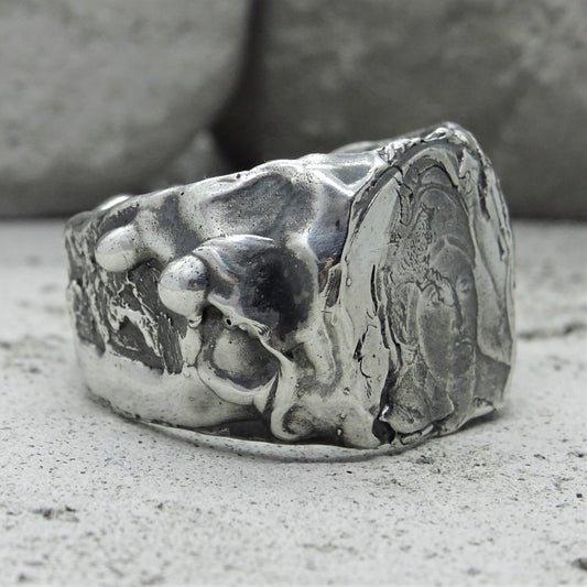 Portrait ring- wide ring with an imprint and a combination of textures of stone and molten metal Unusual rings Project50g 