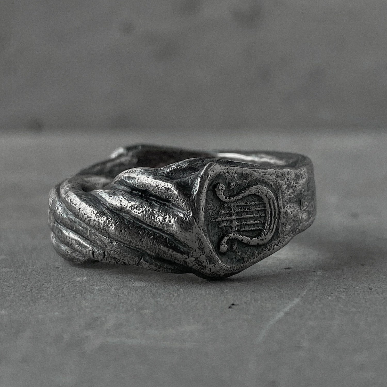 Roman ring- silver ring with antique motifs of unusual shape and harp pattern Unusual rings Project50g 