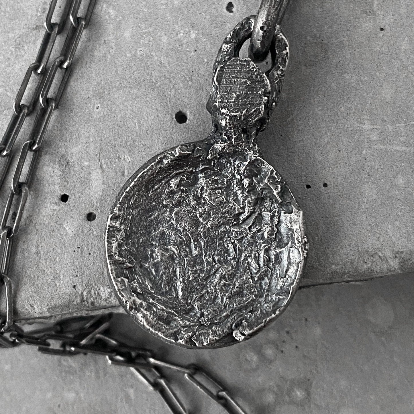 Silver Textured Round Medallion pendant with Unusual Handmade Link Combination and Black Chain Charms & Pendants Project50g 
