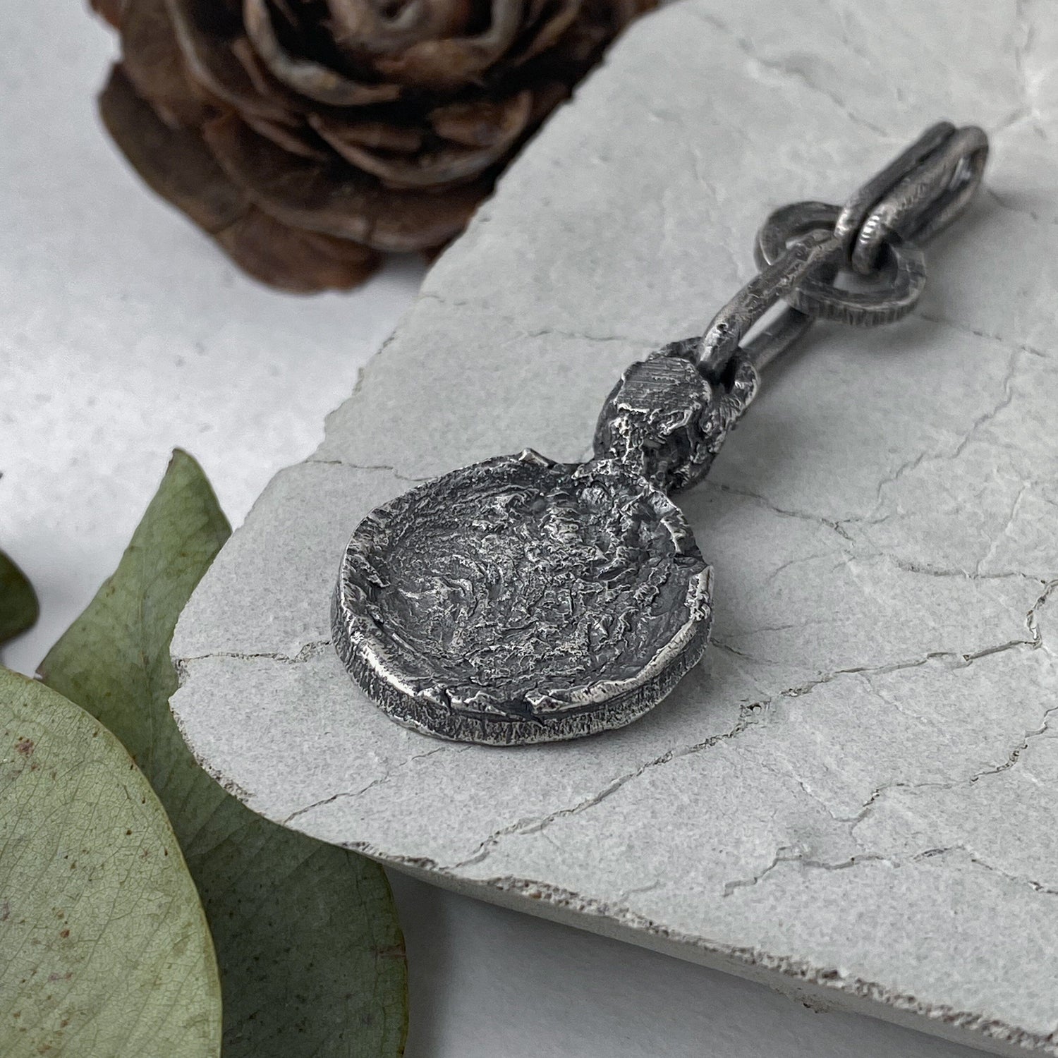 Silver Textured Round Medallion pendant with Unusual Handmade Link Combination and Black Chain Charms & Pendants Project50g 