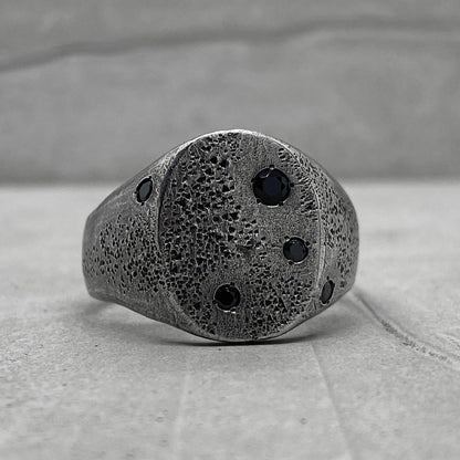 Space ring- textured oval signet ring with several black diamonds Black diamonds rings Project50g 