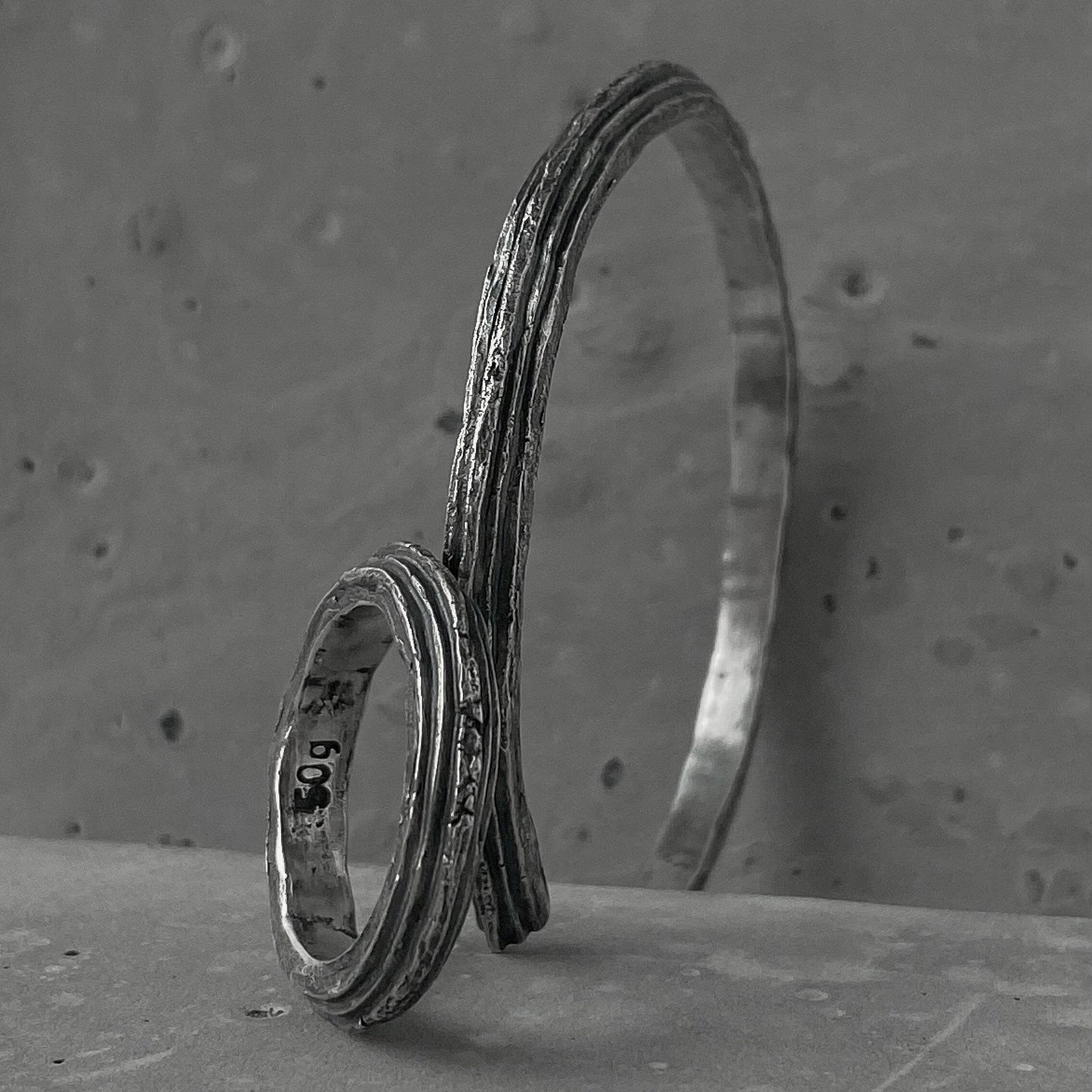 SPECIAL OFFER (2in1) -Orbit set- silver ring and bangle with unusual texture and volcanic oxidation Bracelets Project50g 
