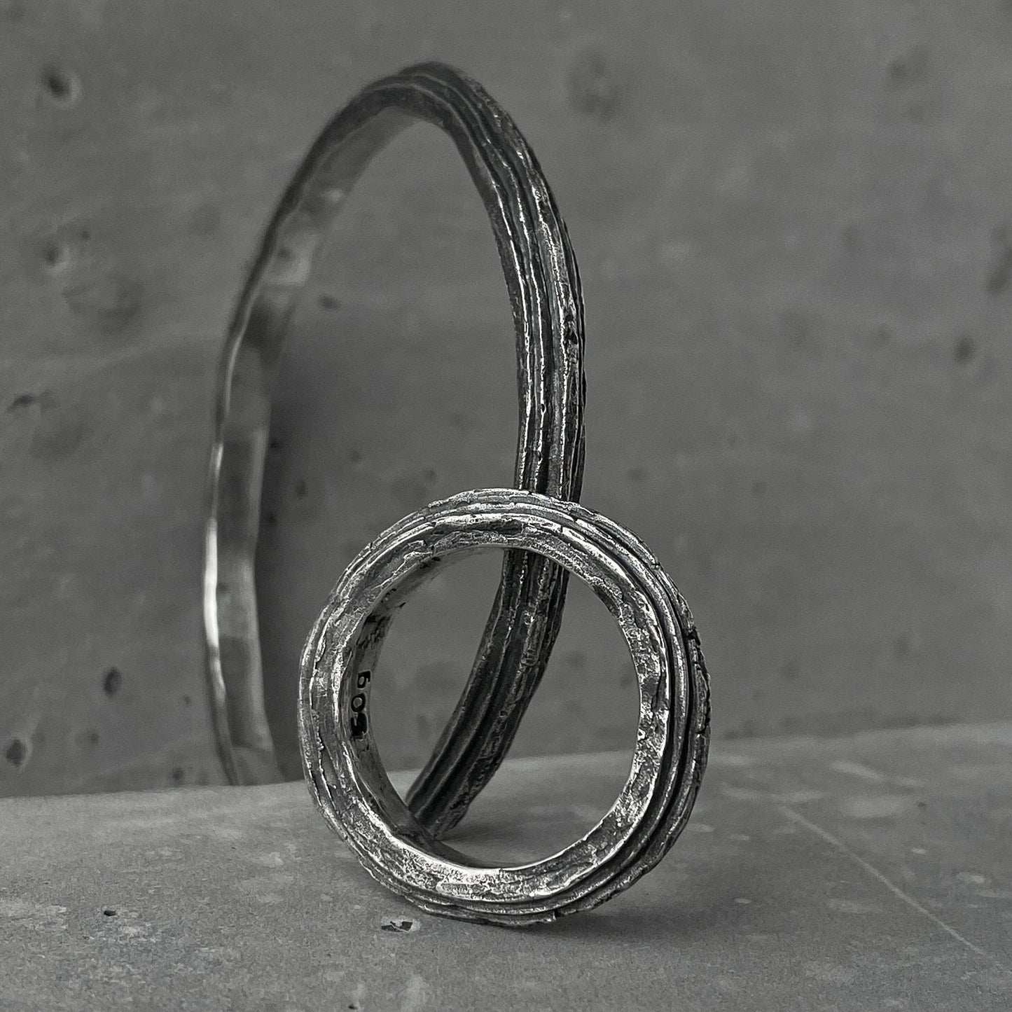 SPECIAL OFFER (2in1) -Orbit set- silver ring and bangle with unusual texture and volcanic oxidation Bracelets Project50g 