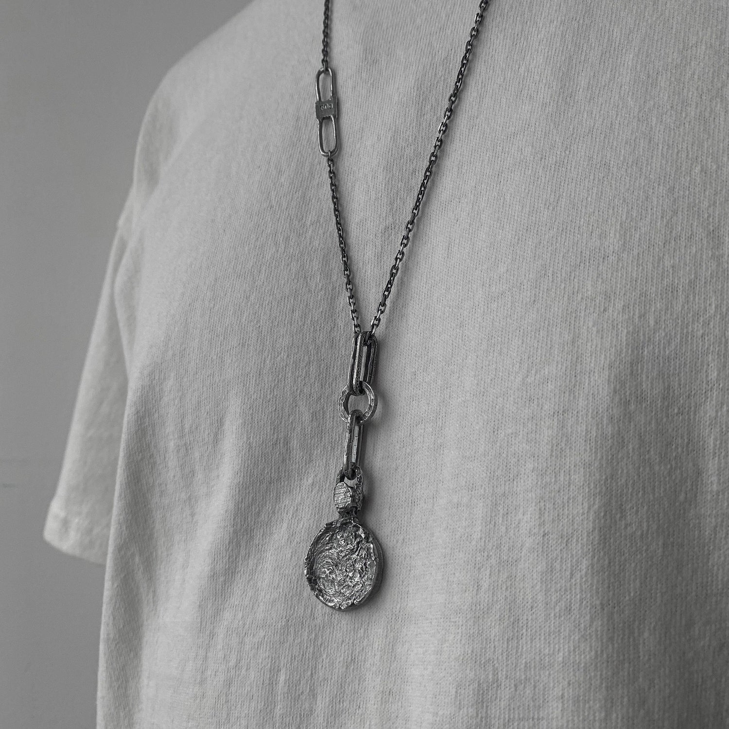 Tempus pendant-textured round pendant with unusual handmade link combination and black chain Charms & Pendants Project50g 